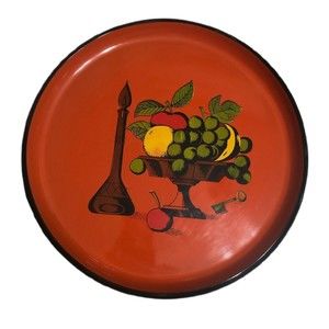 Orange VTG Pop Art Serving Tray 13”Japan Bottle, Fruit, Skeleton Key MCM SEE PIC